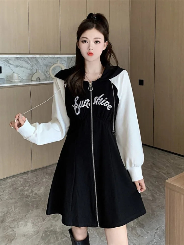 Aiertu Korean Style Oversize Hooded Dress Women Preppy Style School Student Casual Letter Sport Mini Short Dresses Autumn Aiertu