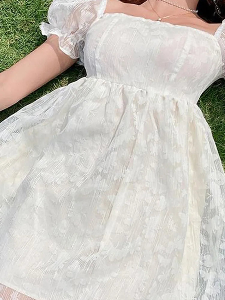 Aiertu Sweet White Princess Ball Gown Mini Dress Fairycore E-Girls Puff Short Sleeve Square Neck Short A-Line Butterfly Printing Dresse Aiertu