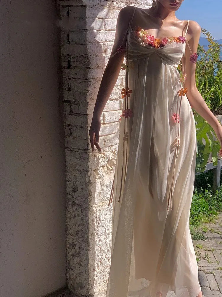 Aiertu Acetic Acid Suspender Jumpsuit For Women In Summer, High-End And Exquisite One Line Neckline Sleeveless Floral Dress In The Mist Aiertu
