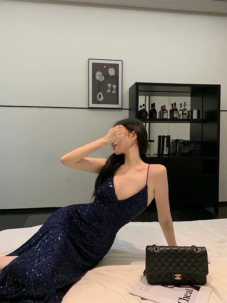 Aiertu Women Evening Dress Vintage 90s Korean Sequins Off Shoulder Party Club Long Dress Harajuku Elegant Y2k One Piece Frocks Clothes Aiertu