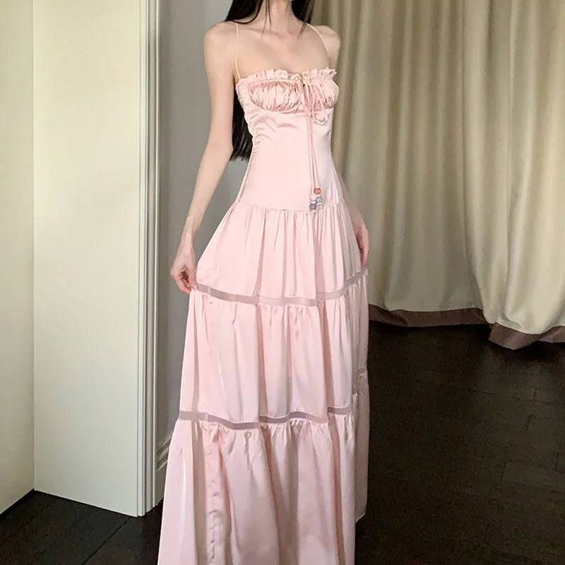 AIERTU  - Lady Dress Satin Pleat Lace Up Design Hollowed Out Splicing A-line Sleeveless High Waist Slim Solid Color Versatile Sling Dress Aiertu
