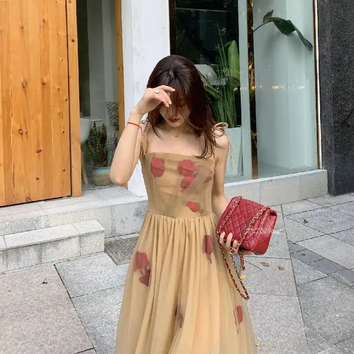 Aiertu Vintage Floral Strap Dress Women Sexy Backless Evening Party Fairy Dress  Spring High Street Korean Beach Casual Dress Aiertu