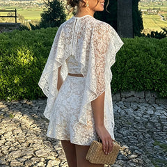 AIERTU  -  Summer Party Two Piece Suit Embroidery Floral Lace Slim Women's Set Sexy Shawl Strapless Hollow Top & Bodycon Mini Skirts Outfit Aiertu