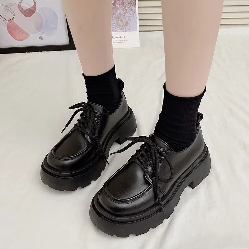 Aiertu Back  to school Women Spring New Black Platform Flats Shoes Women Loafers Slip on Boat Shoes Designer Casual Leather Oxfords Aiertu
