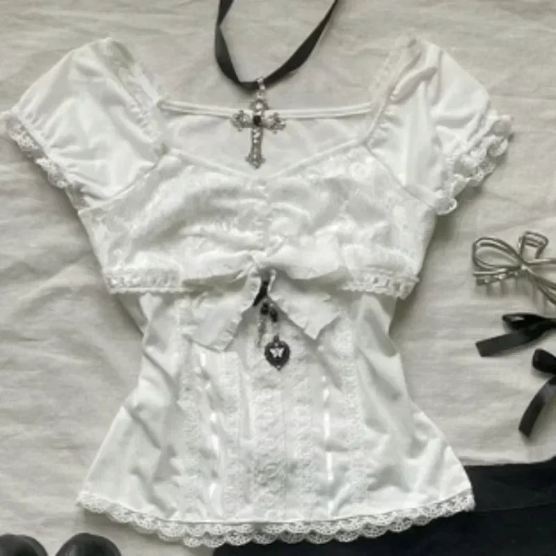 Aiertu Summer New Two Piece Sets Women Japanese Sweet Vintage Lace Slim Short Sleeve Tops + Y2k High Waist Bow Patchwork Skirts Aiertu