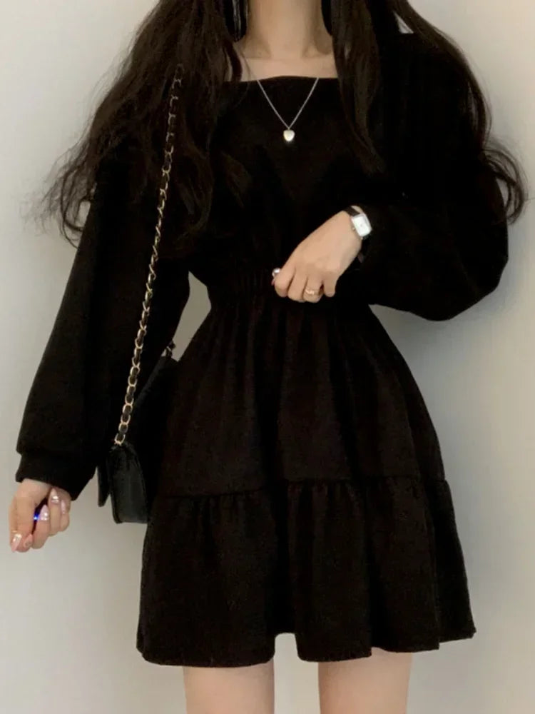 Aiertu  Vintage Mini Dress Women Sweet Retro Wrap Square Collar Long Sleeve Short Dresses Solid 3 Colors Preppy Style Clothes Aiertu