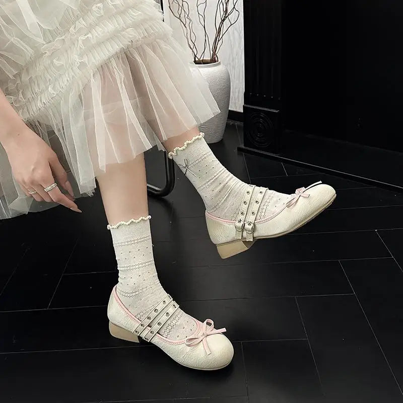 AIERTU  -  Pink Floral Pattern Low Heel Mary Jane Shoes Women Summer Comfort Silver Bowknot Ballet Flats Woman's Lolita Shoes Aiertu