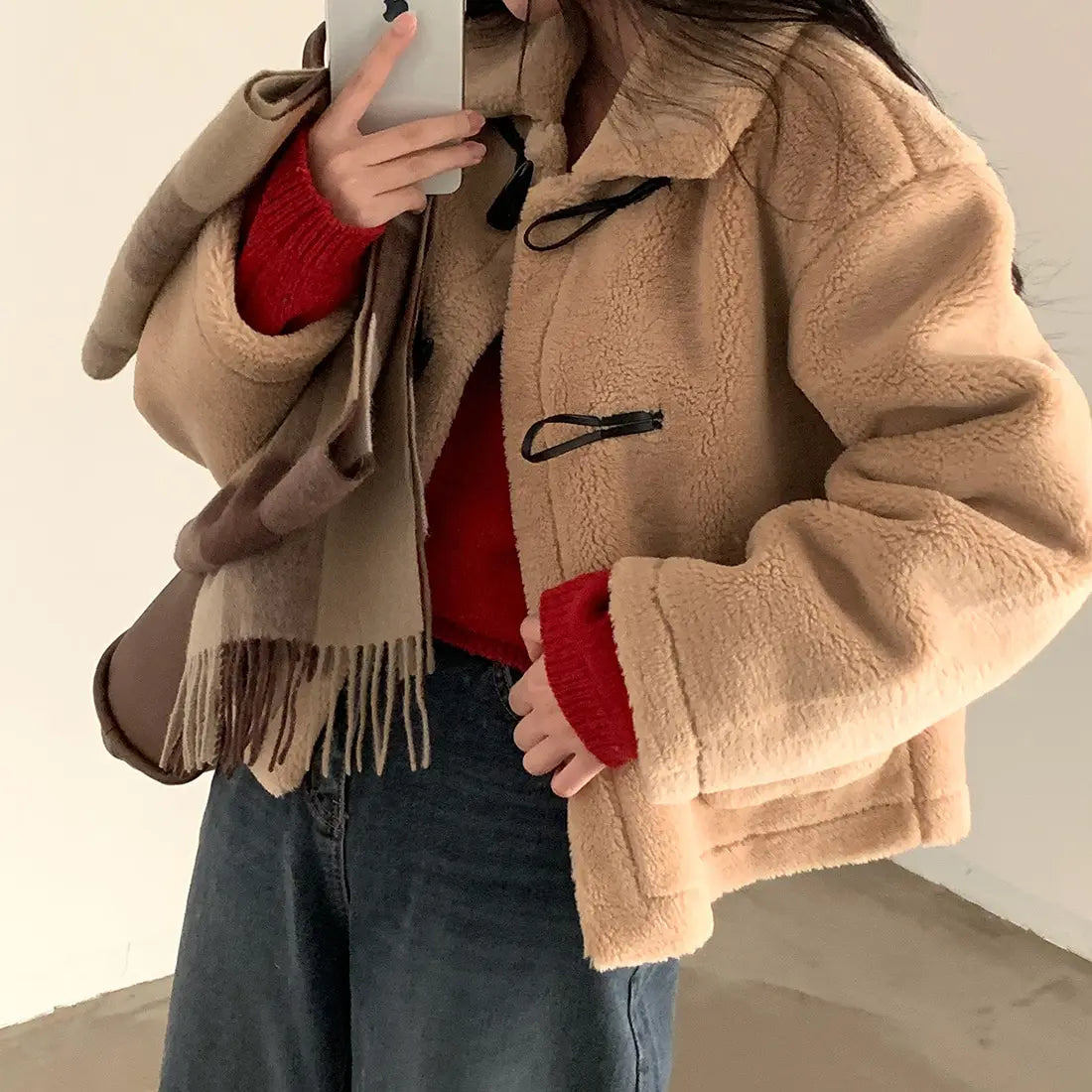 AIERTU  -  Autumn Winter Korean Fashion High Street Coat Women Lapel Collar Toggle Warm Loose Short Coat Casual Sweet Chic Shearling Coat Aiertu