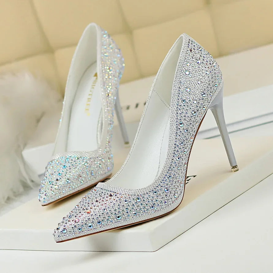Women 10cm High Heels Stripper Bling Crystal Escarpins Pumps Lady Stiletto Wedding Bridal Fetish Rhinestone Gold Pink Prom Shoes Aiertu