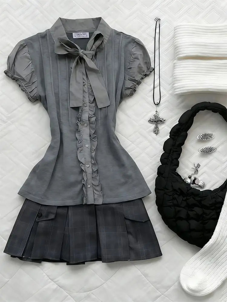 AIERTU  -  Preppy 2-Piece Set Dresses American Retro Goth Top+Skirt Y2k 2000s Japanese Harajuku Hot Girl Women's Dress Fashion Grunge Chic Aiertu