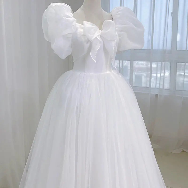 Aiertu White Elegant Sweet Princess Dress Women Bow Puff Sleeve Korean Kawaii Midi Dress Female Autumn Casual Evening Party Dress Aiertu