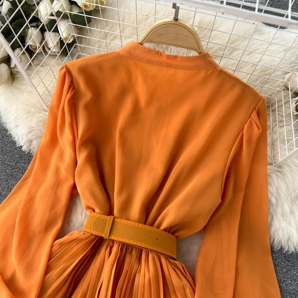 Aiertu Spring French Style Chiffon Long Dress 2023 Long Sleeve Single Breasted Fashion Belt Women A-Line Elegant Party Dress Aiertu