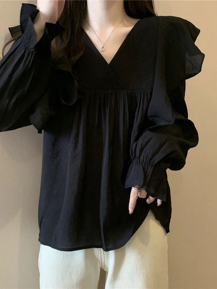 Stylish Flare Sleeve Spliced Ruffles Blouse Female Clothing Autumn New Oversized Casual Pullovers All - match Sweet Shirt Aiertu