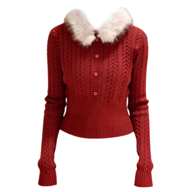 AIERTU  -  New Year Red Christmas Knitted Sweater Autumn Winter New Style Twist Slim Fit Fashion Removable Fur Collar Base Top Aiertu