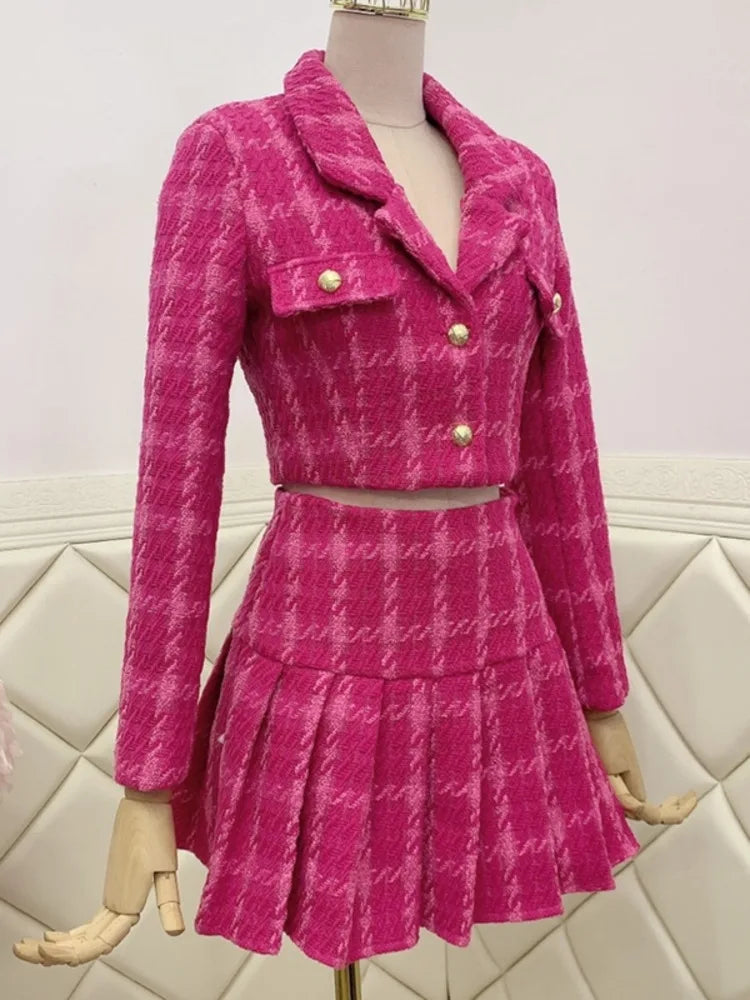 Aiertu Fall Small Fragrance Vintage Tweed Two Piece Set Women Crop Top Woolen Short Jacket Coat + Mini Skirts Sets Sweet 2 Piece Suits Aiertu