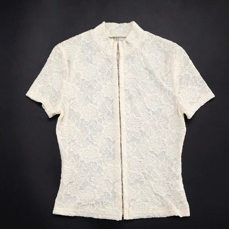 AIERTU  -  Vintage Lace Floral Embroidered Buckle T shirts Ruched Drawstring Sheer Mini Skirts Two Piece Sets for Party Event Summer Aiertu