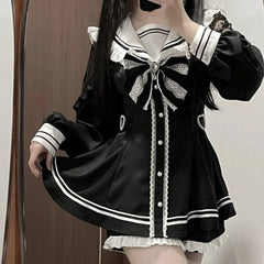Aiertu DRESS TO IMPRESS Japanese Black Gothic Y2k Lolita Bow Dress Shorts Set Women Vintage Sweet Long Sleeve Shirt Party Dresses Slim Mini Dress 2000s Aiertu