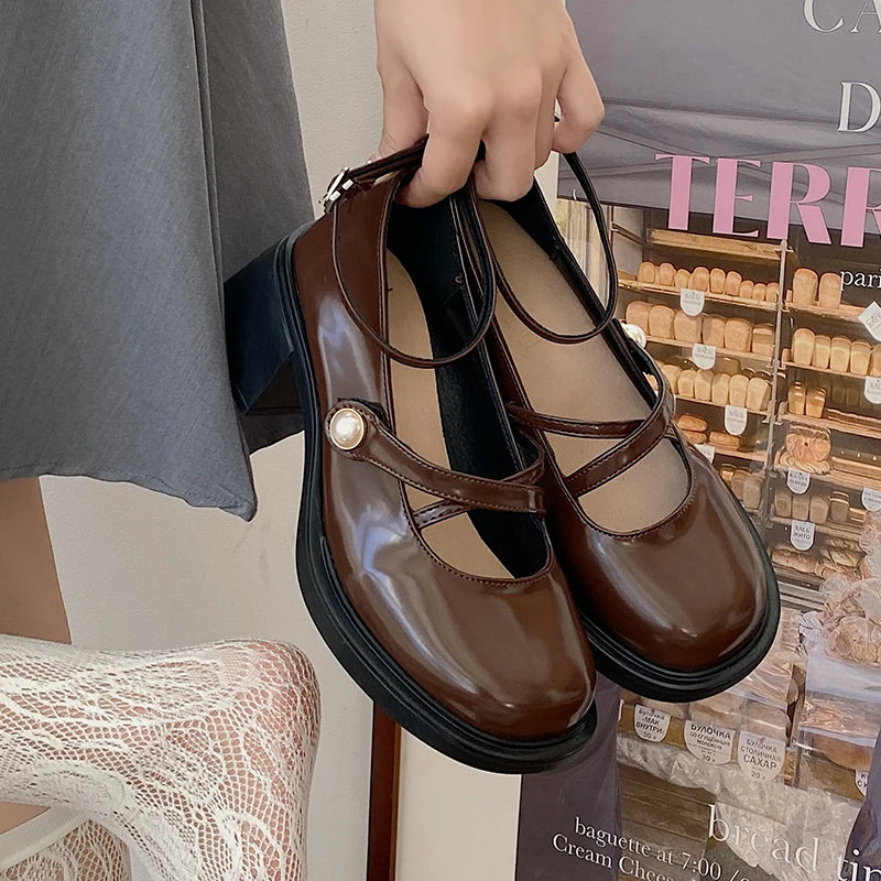 Aiertu Retro Brown Mary Jane Shoes Women Thick Heels Ankle Buckle Lolita Shoes Woman Uniform Pu Leather Student Shoes Female Aiertu