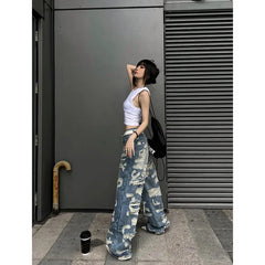 Aiertu Women's Vintage Blue Ripped Jeans Baggy Denim Trousers 2000s High Waist Korean Y2k Streetwear Female Punk Wide Leg Pants Clothes Aiertu
