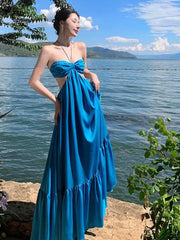 Aiertu Summer New Women's Blue Sexy Club Hanging Neck Hollowed Backless Pleated Long Dress Birthday Evening Party Bandage Sundress Aiertu