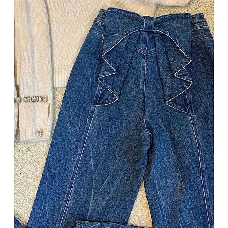 Aiertu Sweet Style Street Blue American Retro Back Bow High Waisted Jeans for Women Spring New Niche Wide Leg Straight Leg Y2k Pants Aiertu