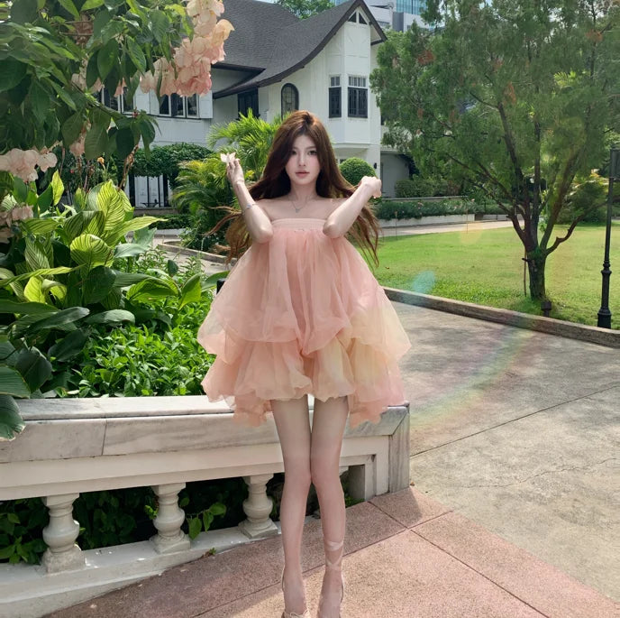 AIERTU  -  Summer French Fashion Fairy Mini Dress Women's Sleeveless Strapless Tulle Bubble Puffy Dress Elegant Chic Princess Party Dress Aiertu