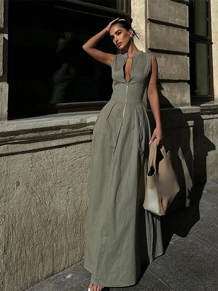 Aiertu Elegant Solid Sleeveless Women Maxi Dress Fashion V-neck Zipper Slim Cotton Linen Dresses 2024 Summer Office Lady Commuting Robe Aiertu
