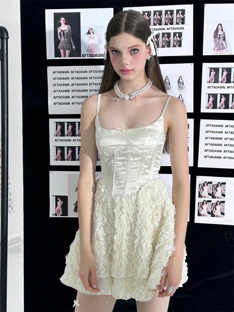 Aiertu Elegant Fairy Dress Women Summer High Waist White Lace Party Mini Dresses Spaghetti Strap Streetwear Korean Fashion Aiertu