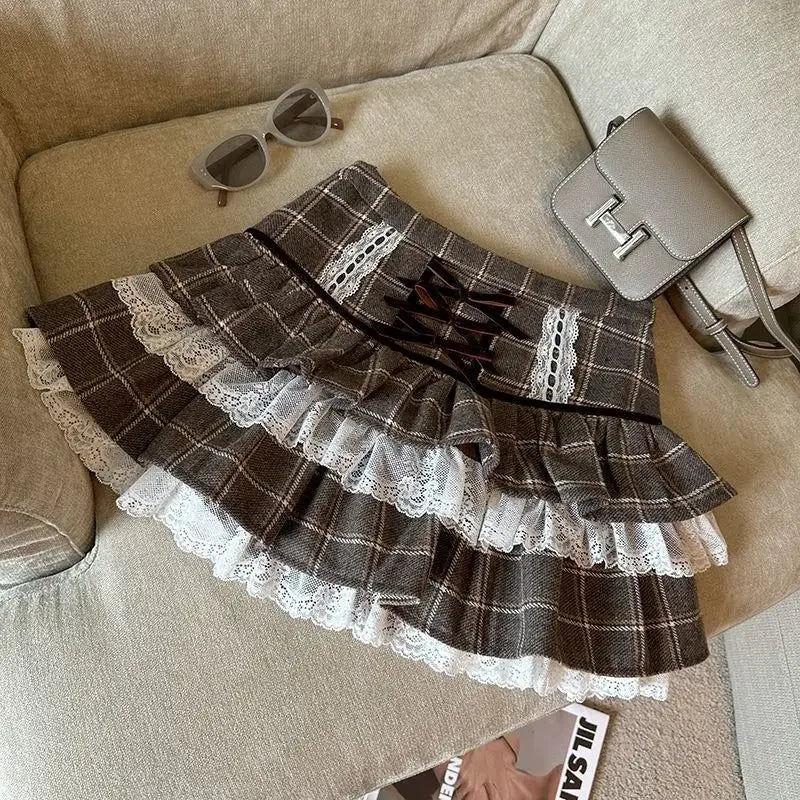Aiertu Kawaii Ruffle Lace Plaid Skirts Women Sweet Elegant Mini Skirt Cutecore Autumn Winter Patchwork A-line Short Skirts Aiertu