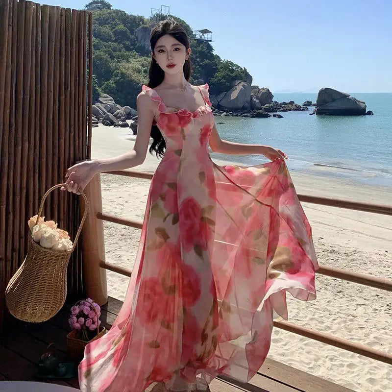 Aiertu Women Pink Floral Ruffles Slip Dress Summer Printed Festival Long Dresses Backless Slim Elegant Evening Party Sundress Boho Aiertu