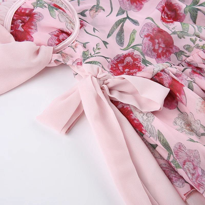 Aiertu Elegant Floral Print Chiffon Dress Pink Side Bandage Aesthetic Irregular Ruffle Mini Dresses Boho Sweet Outfit Party Vacation Aiertu