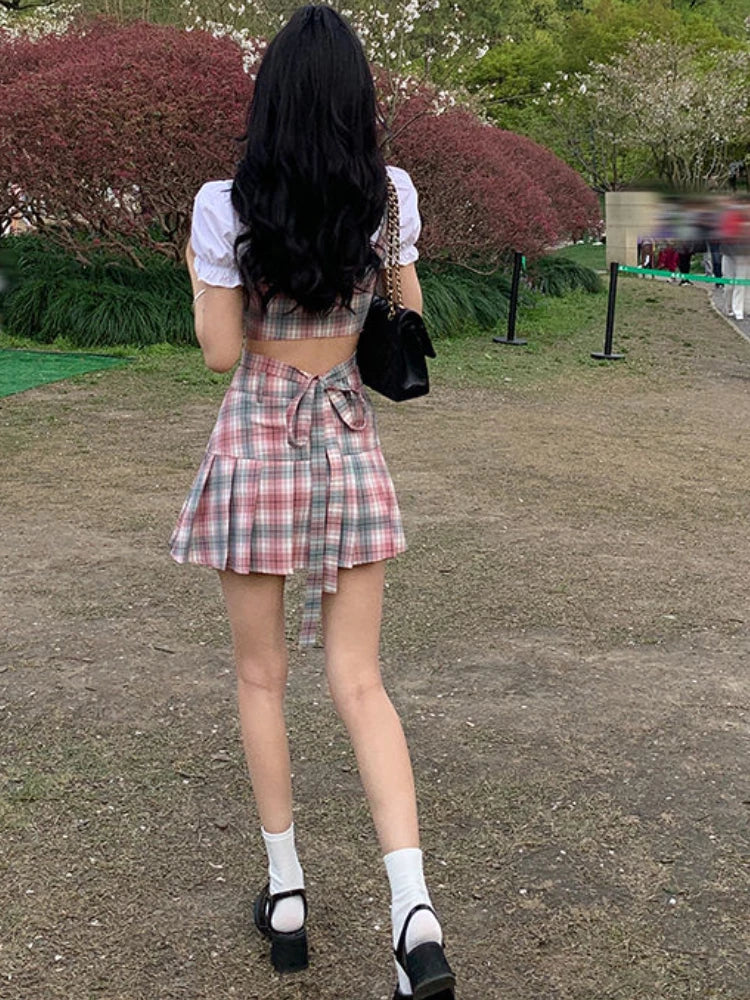 Aiertu Summer Sexy Two Piece Skirt Set Women Patchwork Plaid Korean Fashion Skirt Suit Female Casual Japanese Party Mini Skirt Set 2024 Aiertu