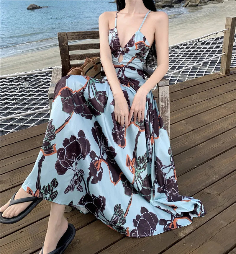 Aiertu Spaghetti Strap Elegant Women Summer Dress Sleeveless Casual A-Line Print Midi Beach Holiday Dresses Female Vestidos Long Robe Aiertu