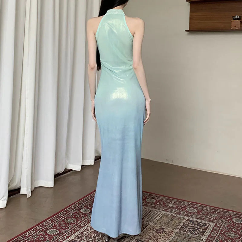 AIERTU  - Lady Dress Butterfly Print Halter Hollowed Out Sleeveless Qipao Style High Waist Solid Color Simple Temperament Sling Long Dress Aiertu