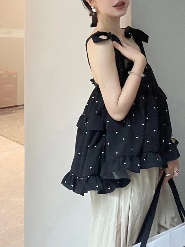 Polka Dot Camisole Women Summer New Arrival Bow Knot Lace Up Vintage Chic Spaghetti Strap Tops Female Ropa Mujer Aiertu