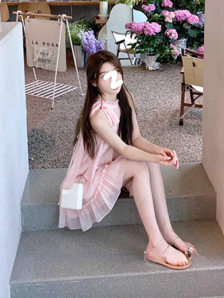 Aiertu Sweet Pink Y2k Mini Dress Party Women Casual Sleeveless Elegant Dress Korean Style Fashion Pure Color Dress Female Summer Aiertu