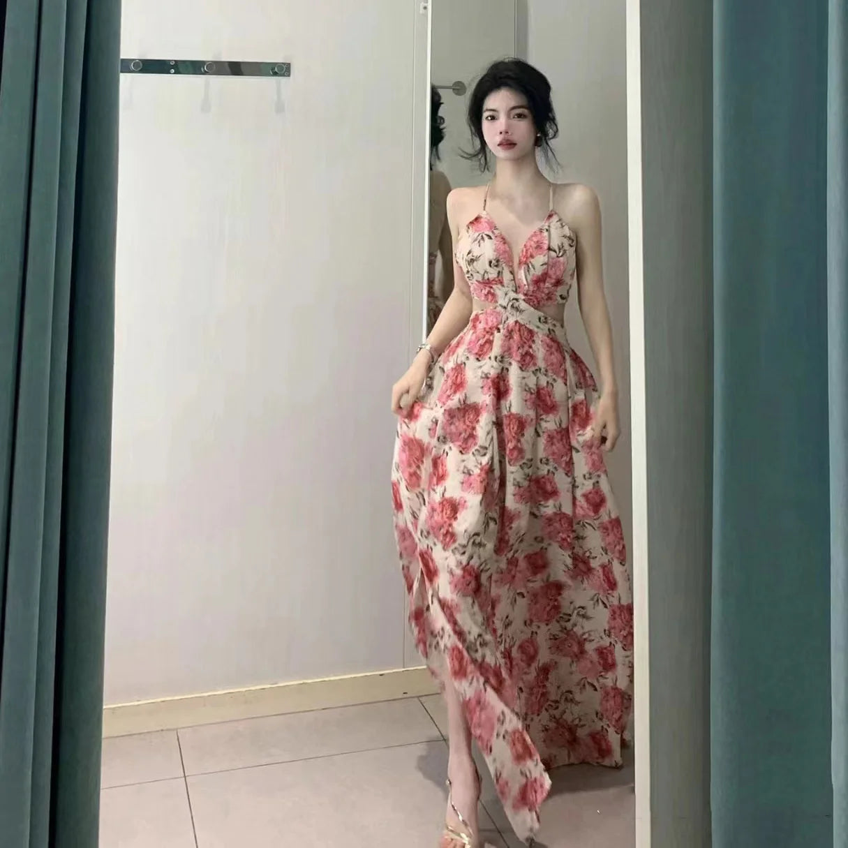 Aiertu Halter V Neck Hollow Out  Rose Print Long Dress Women Fashion Sleeveless Backless High Split Elegant Ruched Dress Holiday Summer Aiertu