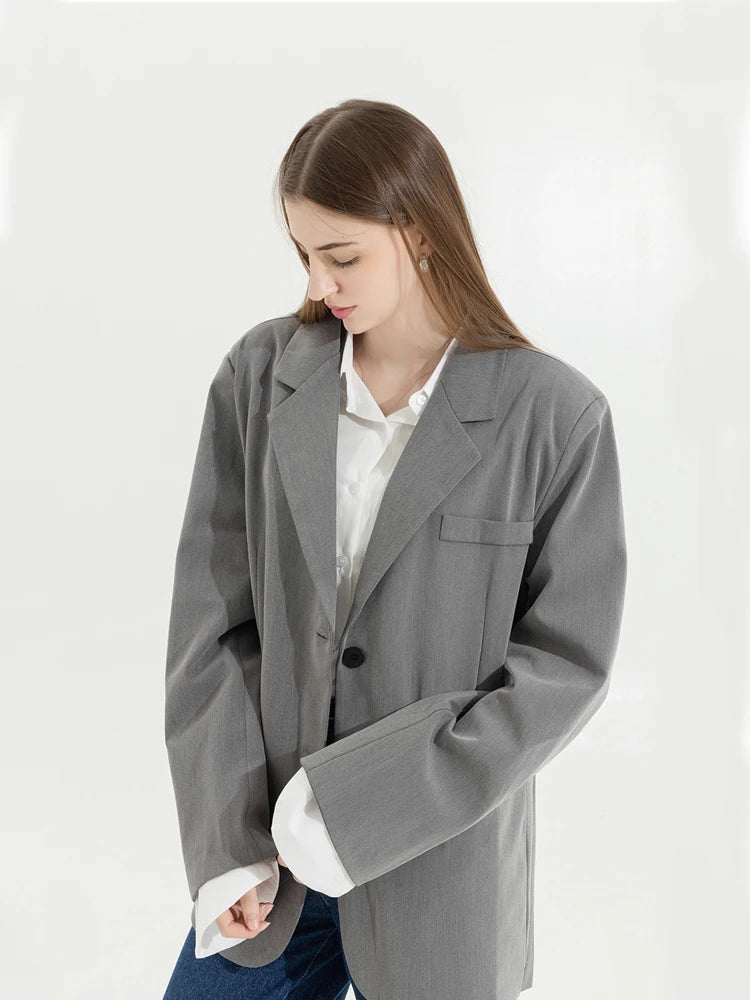 Aiertu Grey Blazer Coat Women Korean Casual Loose Autumn Oversized Single-breasted Turndown Collar Long Sleeve Suit Jacket Female Aiertu
