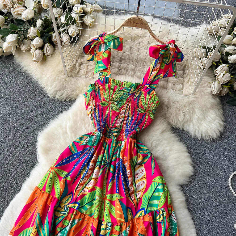 Aiertu Summer Vacation Spaghetti Strap Long Dress Women Sleeveless Ruched Elastic Backless Dress Floral Print Beach Sundress Aiertu