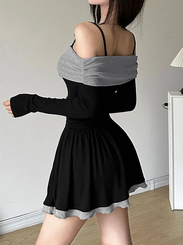 Aiertu Elegant Fashion Contrast Color Patchwork A-Line Dress Slim Slash Neck Long Sleeve Mini Dresses For Women Autumn Aiertu