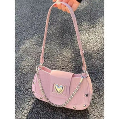 Hot Grils Y2k Handbag Women Vintage Sweet Cool Heart Chain Pink Underarm Bag Female Fairycore Aesthetic Shoulder Bag new Aiertu