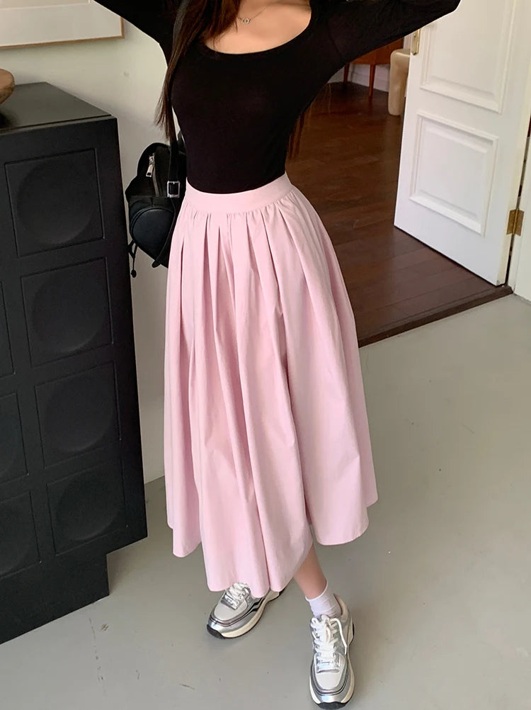 Aiertu Spring And Autumn New Fashion Women's Sweet Elegant High Waist Pleated Pink Zipper Half Length A-line Long Skirt Lady Sexy Party Aiertu