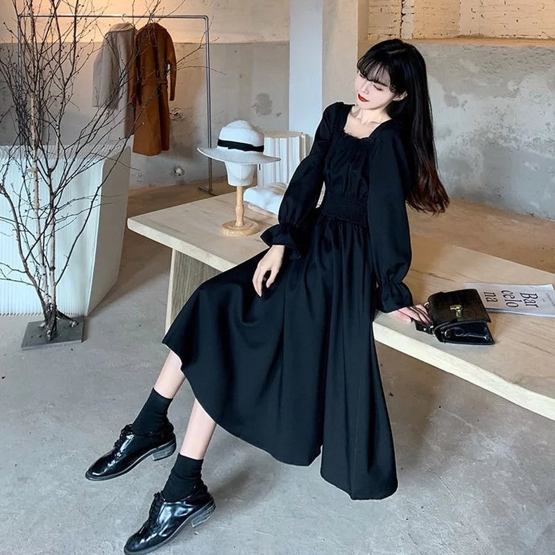Aiertu Vintage Black Dress Women French Elegant Square Collar Long Sleeve Midi Dress Autumn Ladies Retro Clothes Chic Korean Aiertu