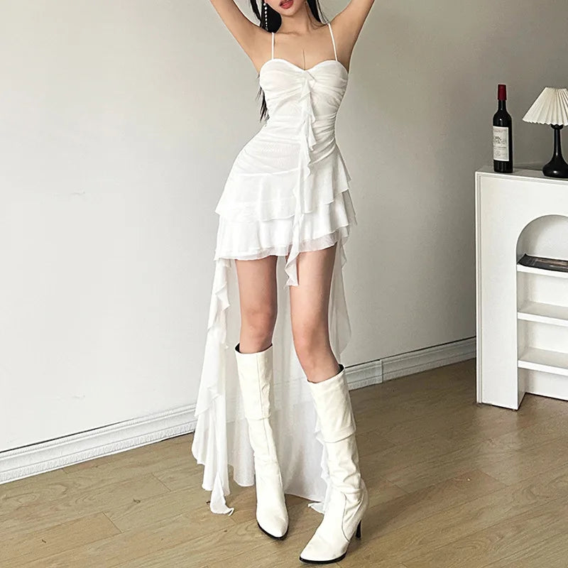 Y2k Aesthetic Irregular Ruffled Dress Sexy Backless Harajuku Pleated Dresses Streetwear Sleeveless Bodycon Vestido De Mujer Aiertu
