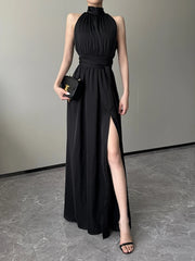 Aiertu Black Sexy Club Pleated Halter Split Dress Women 2024 Fashion Sleeveless Summer Lace Up High Waist Birthday Evening Party Dress Aiertu