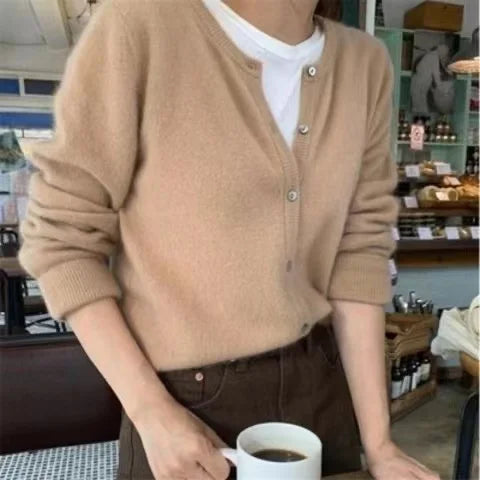 Aiertu Cold Weather Outfits Fall Solid Color Knitted Cardigan Women Korean Single Breasted Long Sleeve Jumper Woman Round Neck All Match Sweater Outwear Top Aiertu