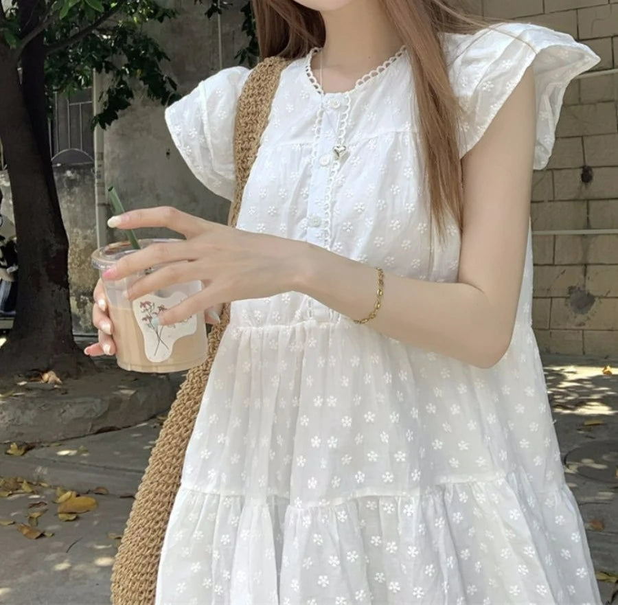 AIERTU  -  Sweet Wind White Embroidery Dress Women's Summer New Stacked A-shaped Cake Dress Aiertu
