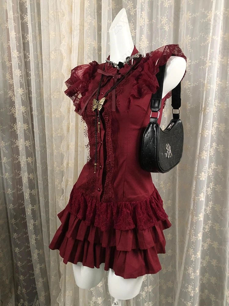 AIERTU  -  Gothic Sexy Lace Dresses Y2k Women Clothing Aesthetic Elegant Tiered Mini Dress Femme Evening Dresses Batwing Sleeve Slim Dress Aiertu