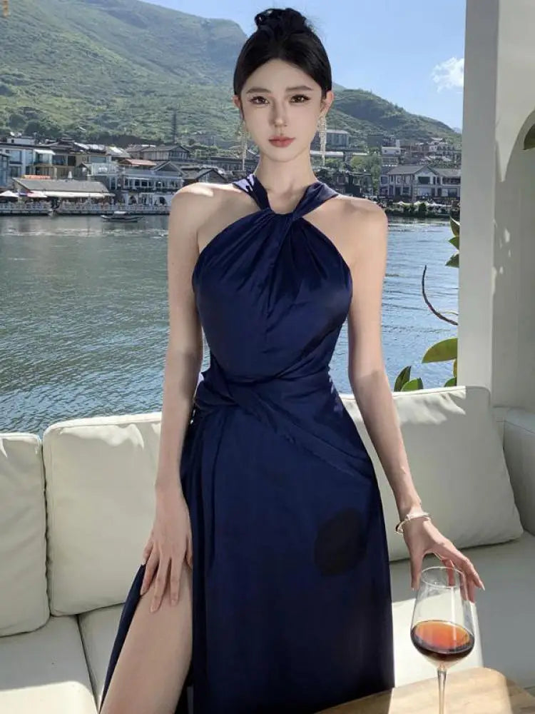 Aiertu Blue Slim Halter Backless High Split Maxi Dress Woman Elegant Pleated Sexy Birthday Party Evening Long Dress Summer Fashion Aiertu