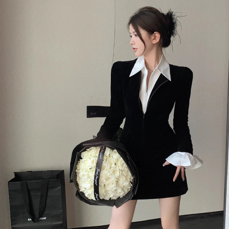 Aiertu Korean Velvet Shirt Dress Women Kpop Black Elegant Sexy Zipper Sexy Bodycon Wrap Y2k Party Short Dresses 2024 Spring Aiertu